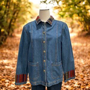 Vintage Womens Boho Denim Jacket Southwestern Embroidery Artistic Festival SZ 10